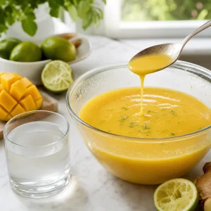 Mango coconut soup thinned with extra coconut water