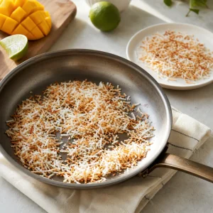 Shredded coconut toasting golden in a dry skillet