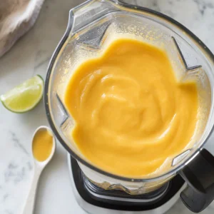 Smooth creamy mango coconut soup blended until silky