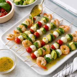 Fertige Garnelen-Caprese-Avocado-Spiesse mit Dressing auf einer Platte