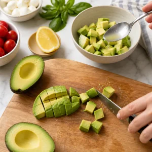 Avocadowuerfel werden mit Zitronensaft fuer gekuehlte Garnelenspiesse gemischt