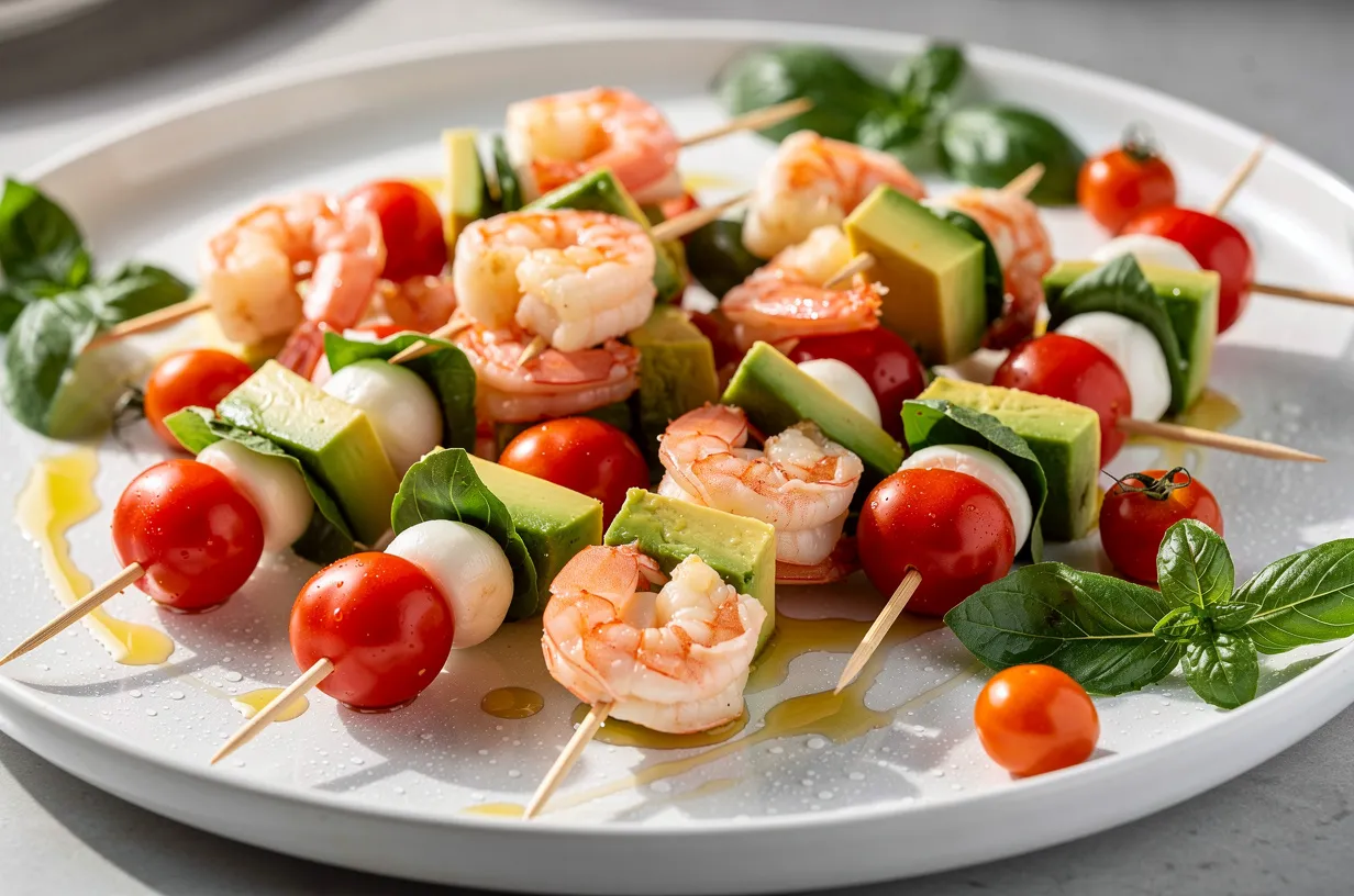 Chilled Mediterranean Shrimp & Caprese Skewers with Avocado