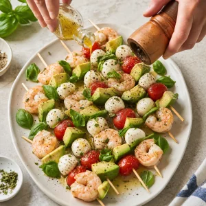 Gekuehlte Garnelen-Caprese-Avocado-Spiesse mit Basilikum und schwarzem Pfeffer