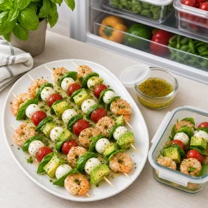Gekuehlte Garnelen-Caprese-Avocado-Spiesse mit extra Dressing zum Aufbewahren