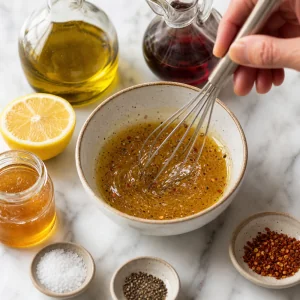 Zitronen-Vinaigrette wird fuer mediterrane Garnelenspiesse verquirlt