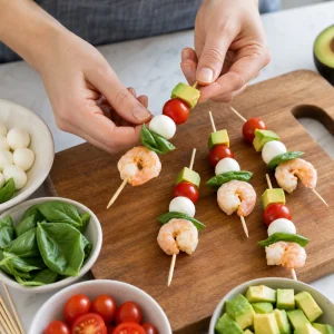 Garnelen, Basilikum, Mozzarella, Tomaten und Avocado auf Spiesse gesteckt