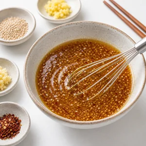 Ginger sesame dressing whisked in a small bowl