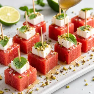 Fertige Wassermelonen-Feta-Spiesse mit Limettenhonig und Pistazien betraeufelt