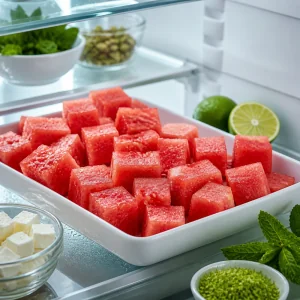 Gekuehlte Wassermelonenwuerfel in einer Schale im Kuehlschrank vor dem Zusammensetzen