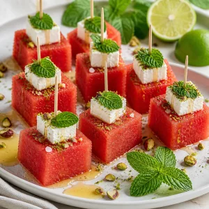 Fertige gekuehlte Wassermelonen-Minz-Feta-Haeppchen auf einer weissen Platte
