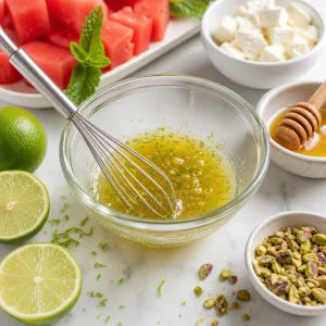 Limettenschale, Limettensaft und Honig werden in einer kleinen Glasschale verquirlt
