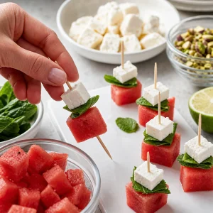 Wassermelone, Minze und Feta auf kleine Spiesse gesteckt fuer Appetithaeppchen