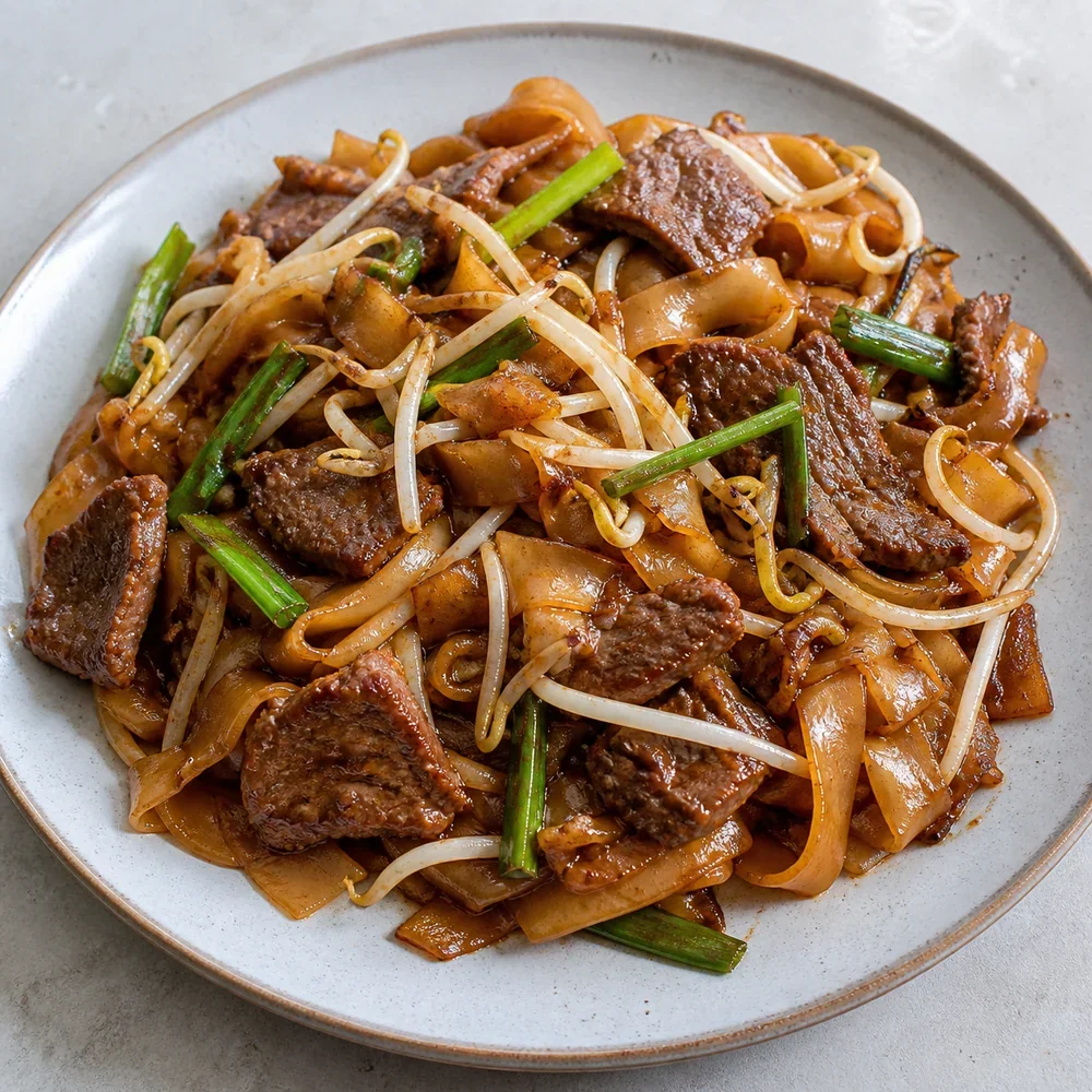 Fertiges Beef Chow Fun mit Sojasprossen und Frühlingszwiebeln