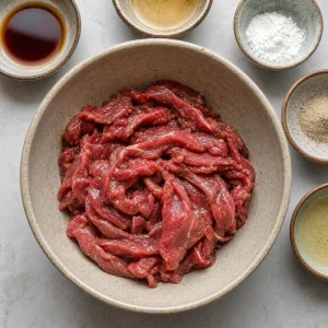 Dünne Rindfleischscheiben in Marinade