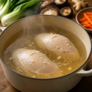 Chicken breasts gently simmering in clear broth