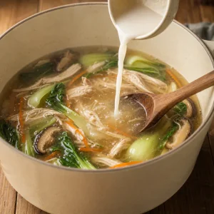 Cornstarch slurry stirred into simmering soup