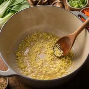Minced ginger and garlic sizzling in sesame oil