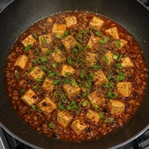 Finished mapo tofu topped with scallions and Sichuan pepper