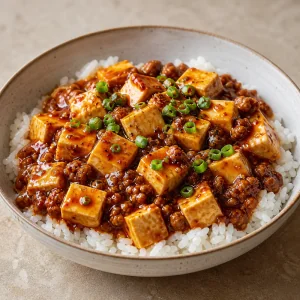 Mapo tofu with ground pork and scallions over steamed rice