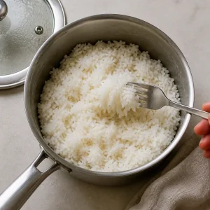Steamed rice being fluffed with a fork
