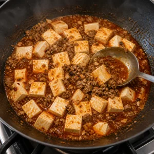 Tofu cubes simmering in red mapo sauce with pork
