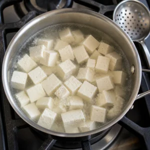 Tofu cubes warming in gently simmering water
