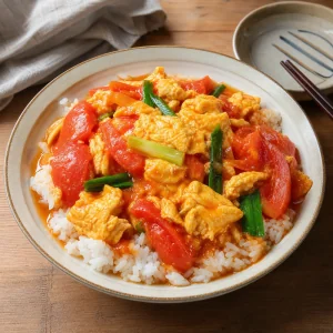 Chinese tomato egg stir-fry served over white rice