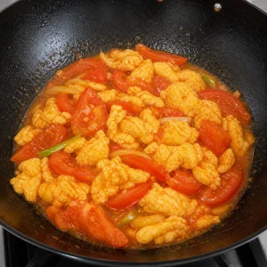 Egg curds folded into tomato sauce in the wok