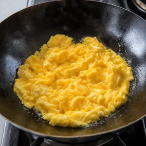 Soft egg curds cooking in a wok