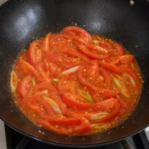 Tomato wedges softening into sauce in a wok