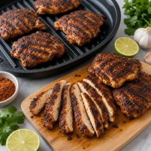Charred grilled chicken sliced on a board