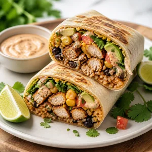 Sliced grilled chicken burrito with sauce and lime