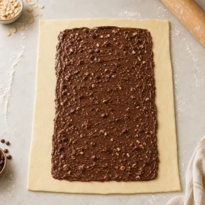 Relleno de chocolate y almendra extendido en el centro del hojaldre