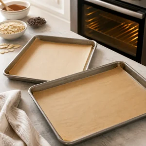 Bandejas forradas con papel para preparar bretzels de chocolate y almendra