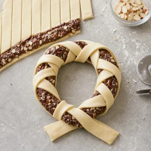 Puff pastry strips braided over chocolate almond filling and shaped into a bretzel loop