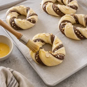 Shaped bretzel pastries brushed with beaten egg wash before baking