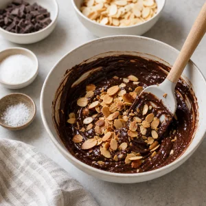 Almendras tostadas mezcladas con chocolate brillante, azúcar y sal marina