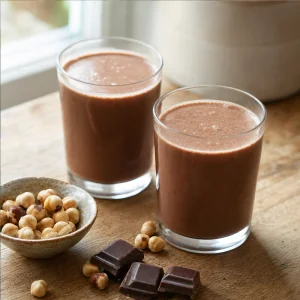 Leche fría de chocolate y avellanas en vasos pequeños