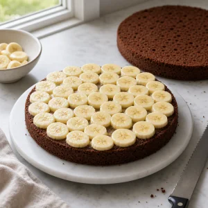 Bananenscheiben liegen auf dem unteren Kakaobiskuitboden