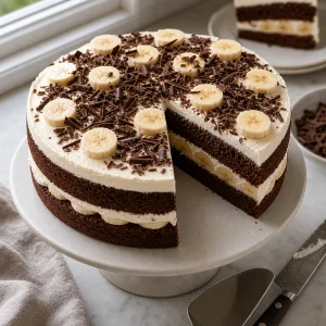 Gekühlte garnierte Torte mit ausgeschnittenem Stück und sichtbaren Bananen-Creme-Schichten