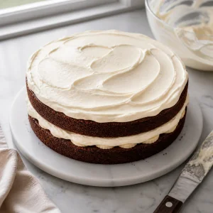 Creme zwischen Kakaobiskuitböden mit sichtbaren Bananen