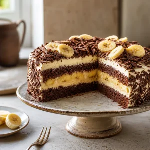 Finished chocolate banana cream torte with banana slices and chocolate shavings