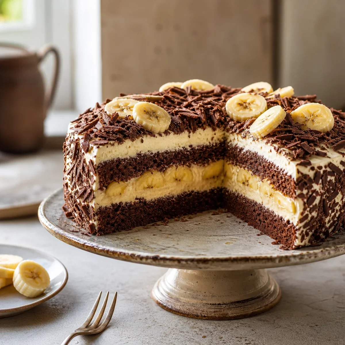 Fertige Schokoladen-Bananentorte mit Bananenscheiben und Schokoladenraspeln