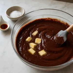 Butter melting into glossy chocolate custard.