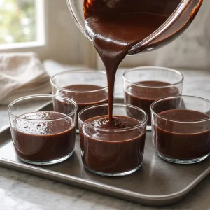 Chocolate budino mixture poured into small glass cups.