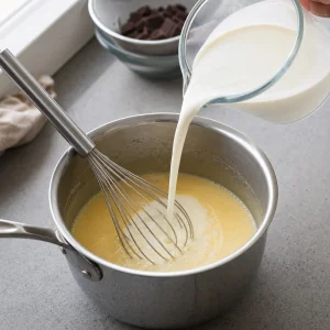 Cream being poured into the custard base while whisking.