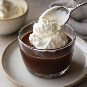 Soft whipped cream spooned onto chilled chocolate budino.