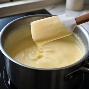 Thickened custard coating a spatula in a saucepan.