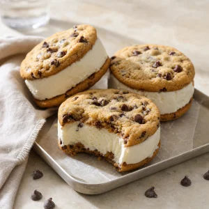 Chocolate chip cookie ice cream sandwiches on a chilled tray