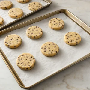Portions aplaties de pâte à cookies sur des plaques